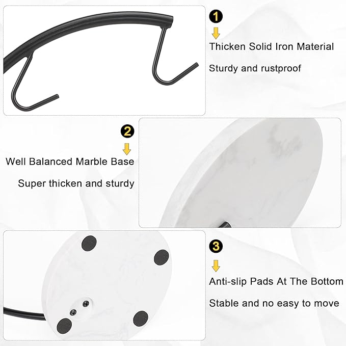 Livabber Banana Holder with Marble Base, Metal Banana Hanger Modern Tree Stand with Hook, Stylish Banana Keeper Fresh Fruit Storage Organizer Freestanding for Kitchen Countertop (Black, Double Hook)