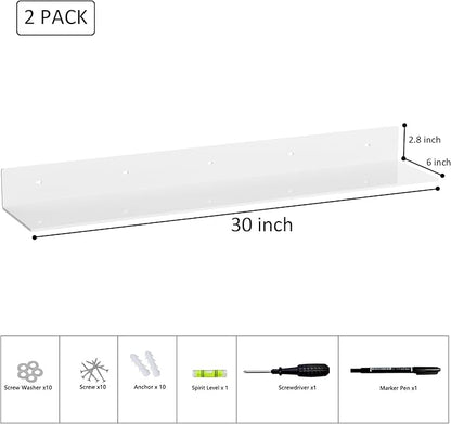 Sezanrpt 30 Inch White Floating Shelves for Wall Décor, Acrylic Storage Wall Shelf Holder, Wall Mounted Home Organizer Shelves with a Free Screwdriver, 2 Pack(30 Inch)