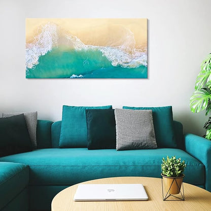 Goldfoilart Beach Canvas Wall Art Ocean Sea Waves Wall Decor Coastal Photography Framed Artwork for Bedroom Bathroom Living Room Ready to Hang 20" x 40"