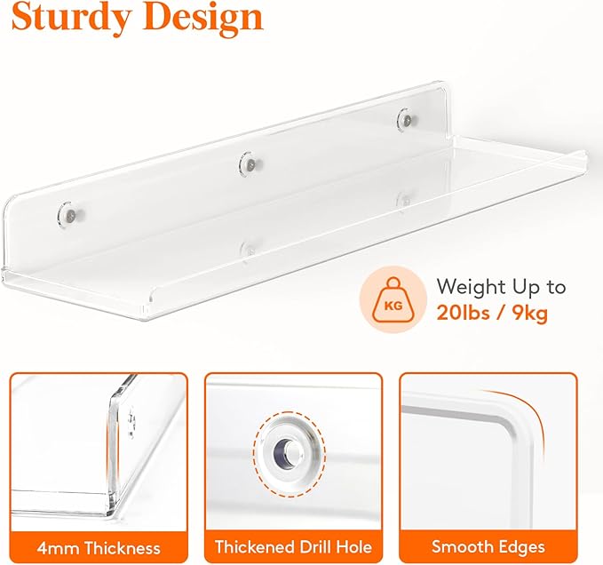 Lifewit Floating Shelves for Bathroom, 15" Acrylic Wall Organizer for Perfume, Makeup, Figures, Nail Polish, Photo, Book, Decor Display Rack for Nursery, Living Room, Bedroom, Kitchen, Clear, 8 Pack