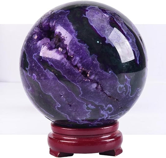 JIC Gem Purple Moss Agate Crystal Sphere Large Quartz Crystal Ball with Stand Healing Ornament Witchcraft Meditation Decor 3.5-4 inch(90-100mm)