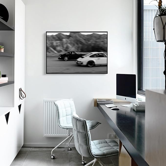 Black and White Photography Canvas Wall Art, Race Cars Aesthetic Poster, Trendy Classic Car Racing Photo Print Gift for Timeless Speed Enthusiasts, Man Cave Bedroom Wall Decor 12x16in Framed