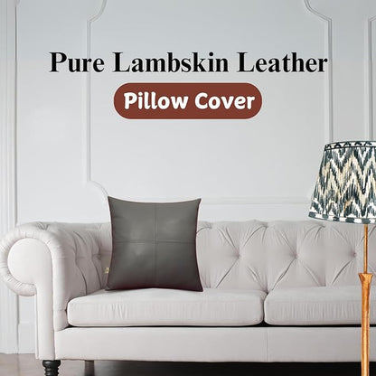 Lambskin Leather Pillow Cover, Hand Panel Stitched Leather Decorative Throw Pillow Covers for Couch Sofa Bed Living Room Garden (20x20 Inches, Grey Plain Pack of 1)