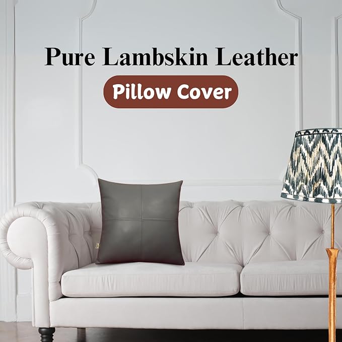 Lambskin Leather Pillow Cover, Hand Panel Stitched Leather Decorative Throw Pillow Covers for Couch Sofa Bed Living Room Garden (20x20 Inches, Grey Plain Pack of 2)