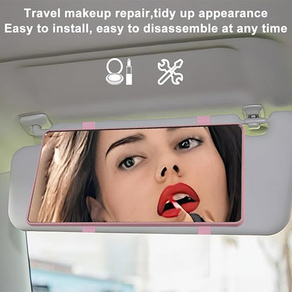 Car Sun Visor Vanity Mirror, Vehicle Sun-Shading Cosmetic Makeup Mirror with Straps, Large Automotive Interior Rearview Travel Accessories, Universal for SUV RV Truck (Pink/No LED)