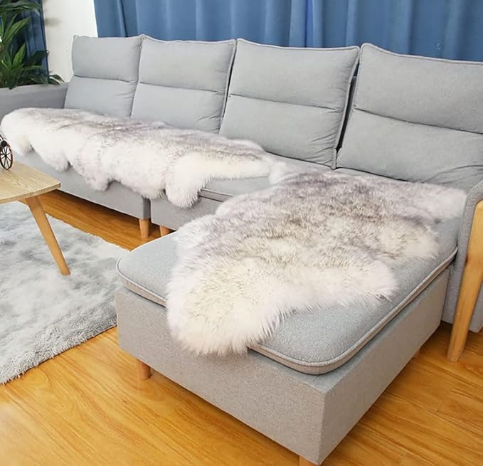 HUAHOO Premium Genuine Sheepskin Rug White Grey Real Australia Sheepskin Natural Luxury Fluffy Lambskin Fur Area Rug Seat Covers for Kids Bedroom Pets Dogs Mat Single Pelt/2'x 3' Wolf Tip