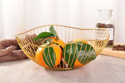 IBWell Classic Style Curved-Edge Modern Creative Stylish Single Tier Dish,Metal Iron Wire Fruit Vegetables Bread Decorative Stand Serving Bowls Basket Holder (Dish) (Gold)
