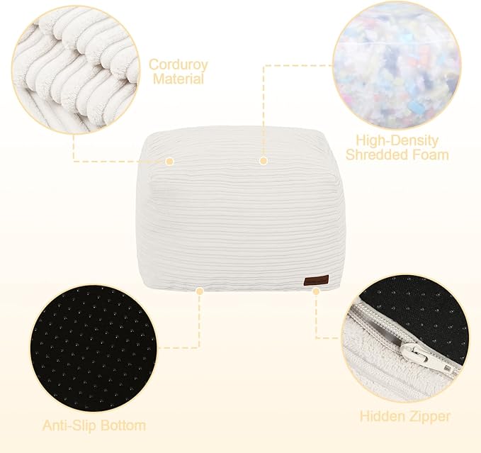 MeMoreCool Square Stuffed Pouf Ottoman Foot Rest, Stripe Furry Floor Pouf Foot Stool with Foam Chunk Filling, Soft Fluffy Stuffed Ottoman Footrest for Living Room, Corduroy Beige