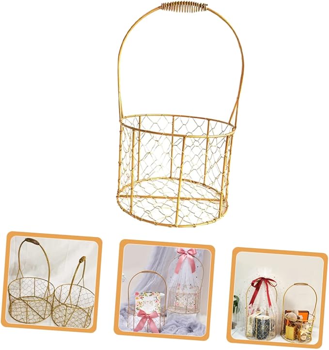 Zerodeko Decorative Iron Wire Basket with Handle Round Storage Basket for Wedding Home Organization Flower Girl Fruits and Elegant