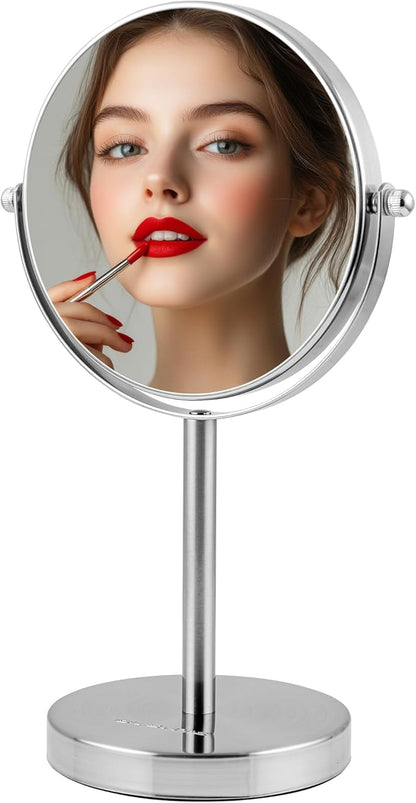 OVENTE 6'' Tabletop Makeup Mirror with 1X/7X Magnification, 360° Swivel Design, Double-Sided Free-Standing Vanity Mirror Perfect for Dresser, Bedroom and Office Desk, Nickel Brushed MNLT60BR1X7X