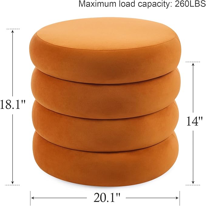 Flouki 20.1" Storage Ottoman Round, Vanity Stools for Bedroom, Entryway Ottoman for Console Table, Ottoman Stool for Girls Women, Foot Stool for Living Room, Set of 2, Velvet Orange