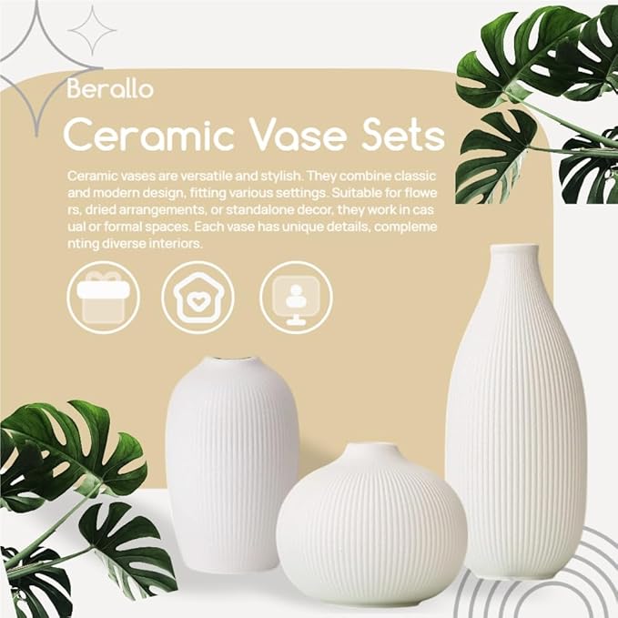 White Ceramic Vase Set of 3 - Small Modern Minimalist Ceramic Bud Vases for Home Decor - Boho Aesthetic Flower Vases for Desk, Shelf & Table, Mantle, Bookshelf (Cute & Versatile) (White)