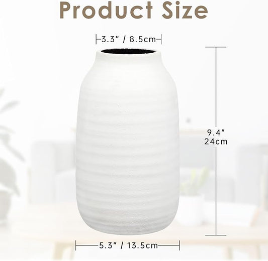 Briful White Ceramic Vase for Pampas Grass – 9.4” Tall Ribbed Modern Vase, Minimalist Farmhouse Table Centerpiece, Boho Home Decor for Dried Flowers, Shelf, Mantel & Entryway Styling