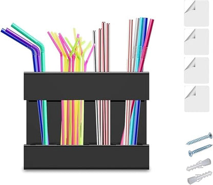 Straw Holder For Cabinet With Double Sided Adhesive Tape Reusable Cabinet,Straw Organizer For Cabinet, Fridge And Kitchen Counter(Black)
