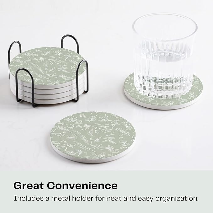 Set of 6 Floral Sage Green Coasters with Holder, Absorbent Ceramic Drink Coasters with Cork Backing for Table Protection, Coffee Table Décor