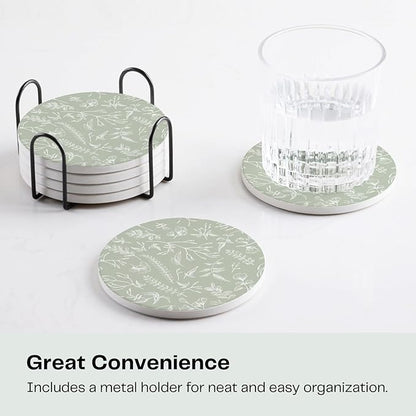 Set of 6 Floral Sage Green Coasters with Holder, Absorbent Ceramic Drink Coasters with Cork Backing for Table Protection, Coffee Table Décor