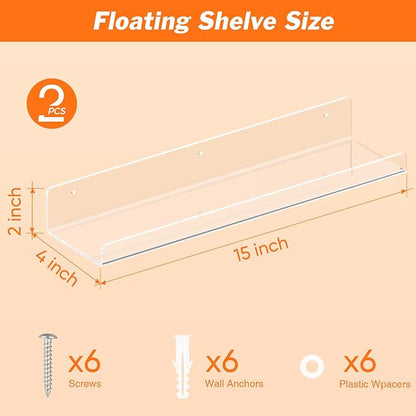 Dooiclear 2 Pack Floating Shelves for Wall, 15" Clear Book Shelf, Acrylic Floating Wall Shelf, Display Shelves Organizer for Bathroom, Classroom, Bedroom, Living Room, Kitchen, Room Decor