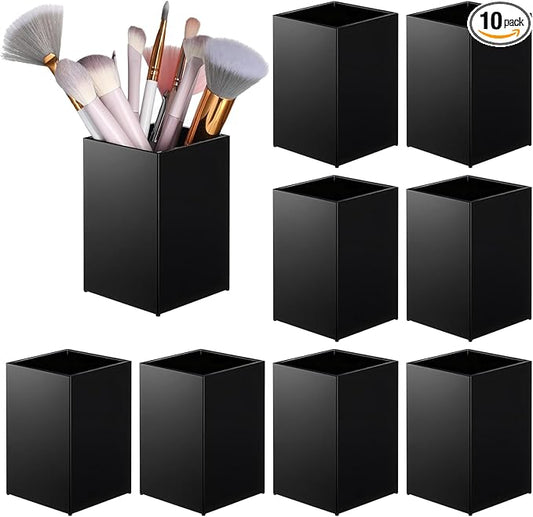 10 Pcs Acrylic Pen Holder Bulk, Black Pencil Holder for Desk Acrylic Makeup Brush Holders 2.6 x 2.6 x 4 Inch Pen Organizer Cup for Office School Home Supplies