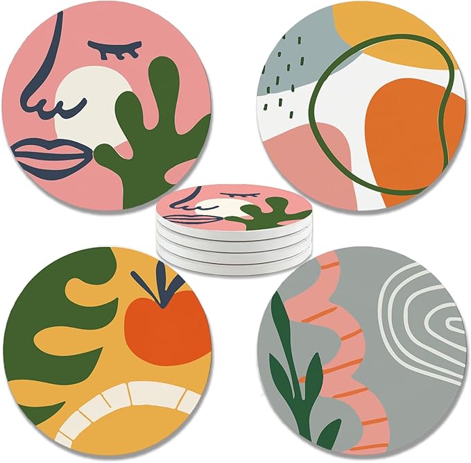 zcyhtqp, Funny Absorbent Round Ceramic Stone Coasters Set of 4 with Cork Base, Abstract Modern Art Ceramic Coasters, Gifts for Home, Kitchen, Bar, Coffee Table, Office Table Décor