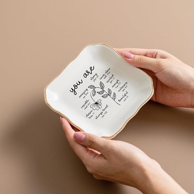 Christian Religious Bible Verse Gifts for Women, Ceramic Jewelry Dish Tray, Trinket Dish, Scripture Inspirational Motivational Gifts for Women Friend Sister Bestie