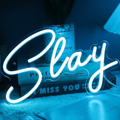 SYLHOME Slay Blue LED Neon Light Sign Cool Boys Girls Preppy Bedroom Game Play Room Desk Wall Decor Sign Club Pub Bar Man Cave Game Center Birthday Decoration USB Night Light 11.8" X 8"