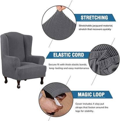 H.VERSAILTEX Wing Chair Slipcover Chair Covers for Wingback Chairs Wingback Chair Covers Slipcovers 1 Piece Stretch Sofa Cover Furniture Protector Spandex Jacquard Checked Pattern, Grey