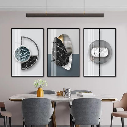 QKF 3 Pieces Modern Funky Wall Art For Living Room Geometry For Home Decoration Pictures Dark On Abstract Canvas Print Paintings Bedroom Bathroom Office Posters & Prints (Medium Size 16x24inch)