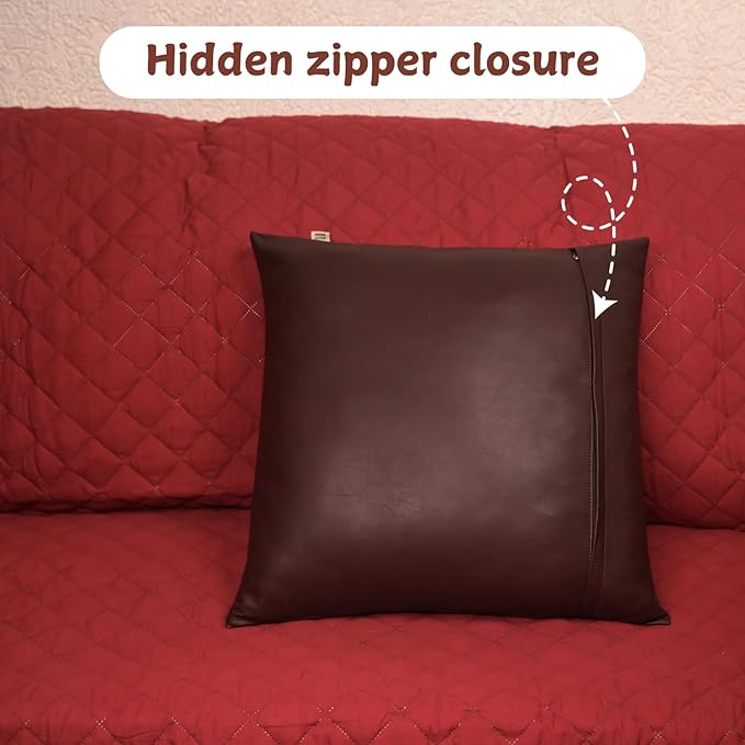 Lambskin Leather Pillow Cover - Sofa Cushion Case - Decorative Throw Covers for Living Room & Bedroom, 16x16 Inches - Dark Brown Plain Pack of 1
