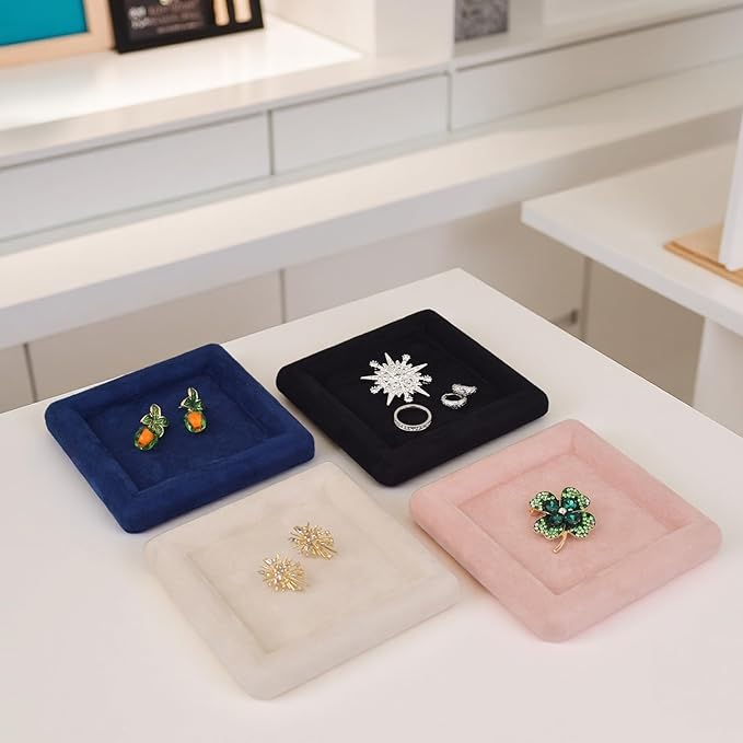 Black Velvet Jewelry Display Tray, Luxury Velvet Ring Holder Showcase for Necklaces Earrings, Jewelry Store Display and Ecommerce Photography Prop, 4.72x4.72 Inches (Pink)