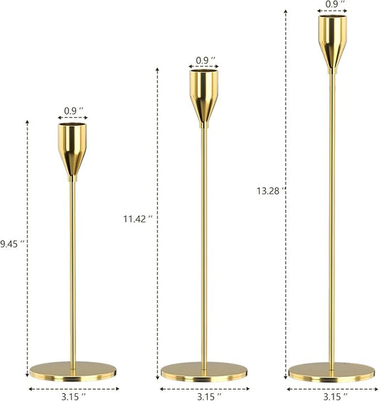 Candle Holders Set of 3 for Taper Candles, Decorative Candlestick Holder for Wedding, Dinning, Party, Fits 3/4 inch Thick Candle&Led Candles (Metal Candle Stand) (Gold)