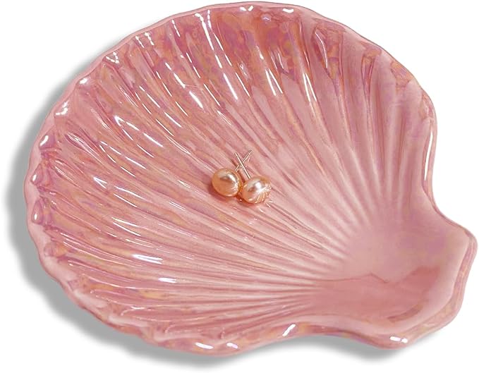Shell Shape Ring Holder Dish, Seashell Jewelry Dish Tray, Ceramic Trinket Tray for Rings Earrings Necklaces Bracelet, Birthday Christmas Gift for Mom Friend Sister, 3.9", Pink Iridescent Surface