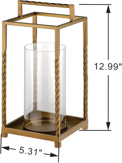 13" Modern Metal Lantern with Twisted Rope-style Frame In Antique Brass with Glass Hurricane For Pillars, String Light. Centerpiece, Mantel, Ambient Lighting, Farmhouse, Transitional, Patios, Entryway