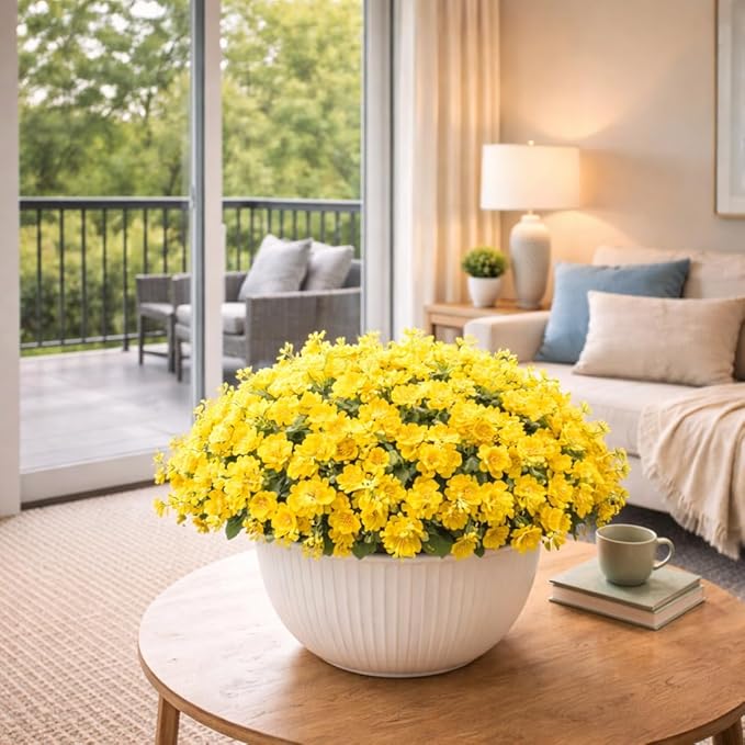 alyptus Artificial Flowers for Outdoors, 12 Bundles UV Resistant Spring Fake Flowers for Porch, Patio & Garden Decor – Realistic Outdoor Fake Plants with Lasting Color - Yellow