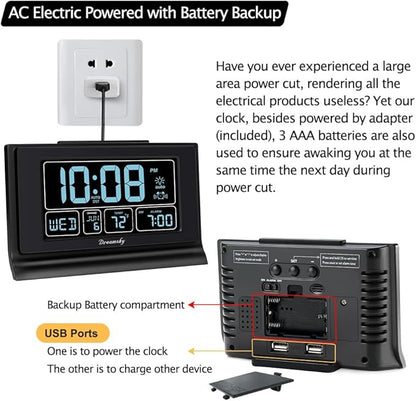 DreamSky Alarm Clocks for Bedrooms with Battery Backup, Auto Set Digital Clock with Date and Day of Week, Temperature, USB Port, Auto DST, Dimmer, 12/24H
