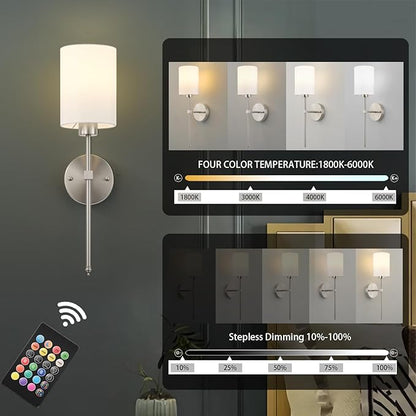 Battery Operated Wall Sconces Set of Two,Wireless Rechargeable Wall Light With Remote Control, Dimmable, Amber Light/Warm White/Natural White/Daylight/RGB,Timer,for Living Room,Bedroom,Entryway,Nickel