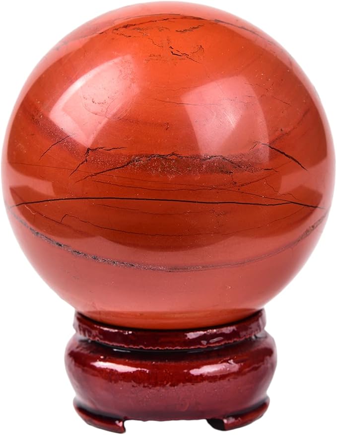 JIC Gem Red Healing Crystal Ball with Decoation Stand Red Jasper Gemstone Sphere Ball for Fengshui 、Meditation Energy Reiki Ball (100-110mm), 4-4.5inch