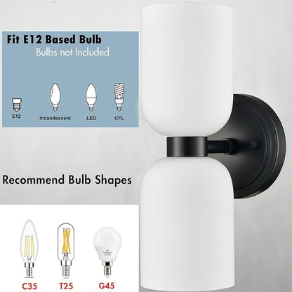 CLAXY Wall Sconces Set of 2 Modern Bath Vanity Light Fixtures Over Mirror Matte Black with Milky White Glass Shade Wall Lights for Bathroom, Bedroom, Hallway, Kitchen, Dimmable