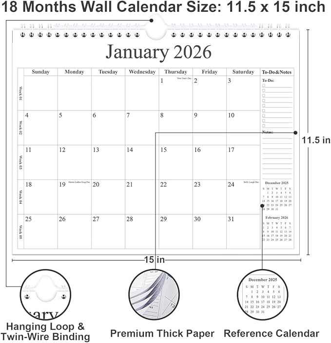 2026 Calendar - Wall Calendar 2026 from January 2026 - June 2027, 18 Months Calendar with Premium Paper, Twin-Wire Binding & Hanging Hook, 12" x 14.5", Black