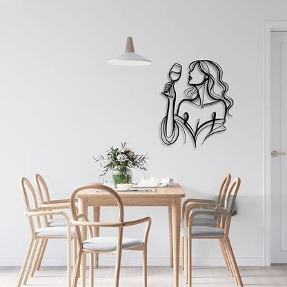 LIYOUYA Drinking Woman Metal Wall Decor - Wine Art Decor Simple Black Wall Art Home Decor for Living Room, Dining Room, Bar (Black)