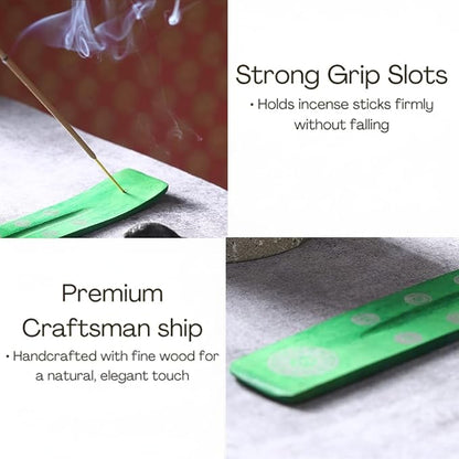 Bless-International Traditional-Handmade-Burner Wooden-Incense-Stick-Holder Ash-Catcher-Stand for-Aromatherapy-Meditation-Yoga (Earth Green) 10 Inches, Pack of 2