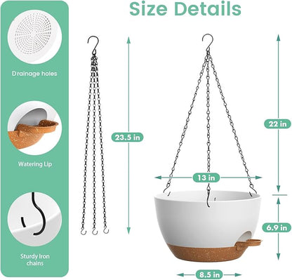 13 Inch 2 Pack Large Self Watering Hanging Planters for Indoor Outdoor Plants, Hanging Plant Pots with Removable 50 Oz Reservoir, Plastic Hanging Basket for Window Porch Garden, White with Brown
