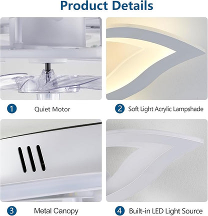 32" White Ceiling Fan with Light Remote Control, Modern Geometric Ceiling Fan with Lights, 6 Speeds 3 Light Color Low Profile Ceiling Fan for Kitchen Bedroom