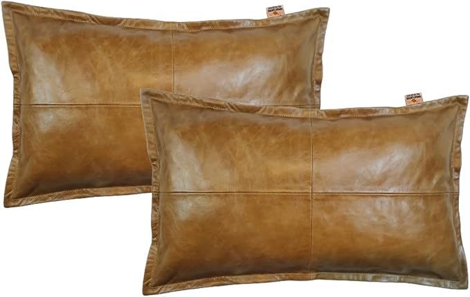 100% Lambskin Leather Pillow Cover - Sofa Cushion Case - Decorative Throw Covers for Living Room & Bedroom, 10x18 Inch - Gold Crunch Box Pack of 1