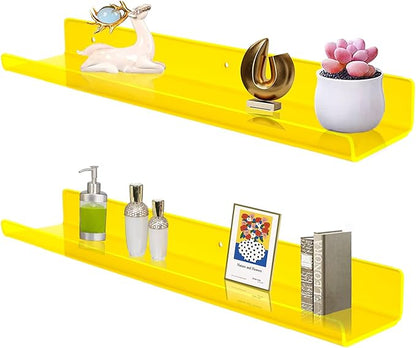 ROYALITA 24 Inches Acrylic Floating Book Shelves Wall Mounted Set of 2, Wall Hanging Plant Display Shelves, Room Decor Floating Wall Shelves for Gaming Room, Bedroom, Living Room, Office, Yellow