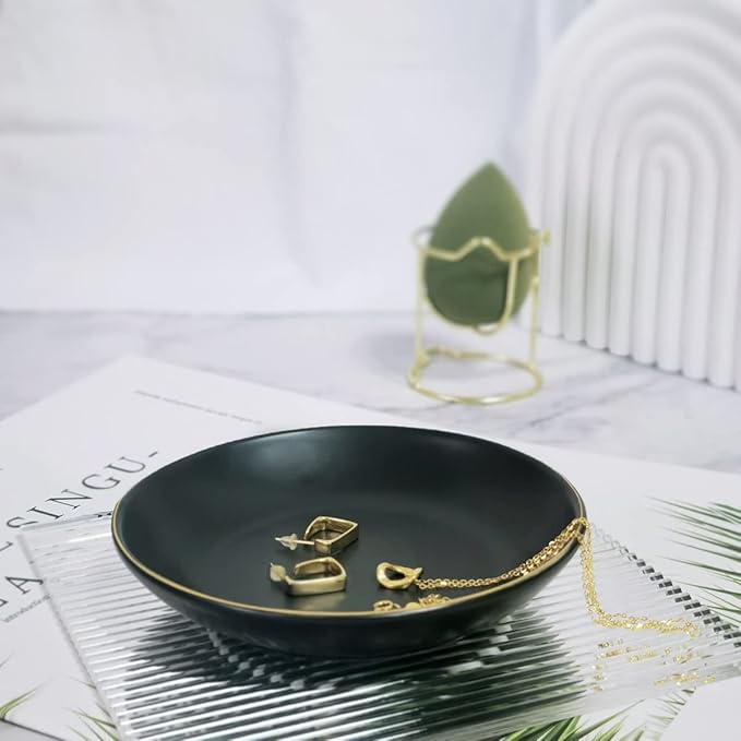 HANKOR 4.75" Ceramic Jewelry Tray, Small Ring Dish Holder Trinket Tray, Catch All Trays for Ring Earring Necklace Key, Christmas Gifts for Women Girls, Black