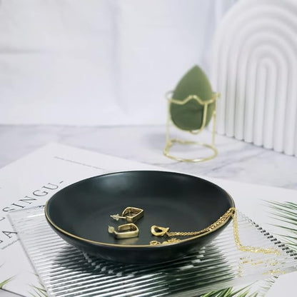 HANKOR 4.75" Ceramic Jewelry Tray, Small Ring Dish Holder Trinket Tray, Catch All Trays for Ring Earring Necklace Key, Christmas Gifts for Women Girls, Black