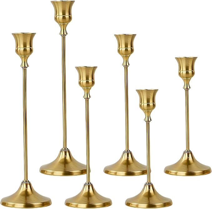 2 Sets(6 Pcs) Candle Stick Holders，Brass Gold Metal Taper Candle Holders, Vintage Modern Decorative Centerpiece Candlestick Holders for Table Mantel Wedding Housewarming Gift