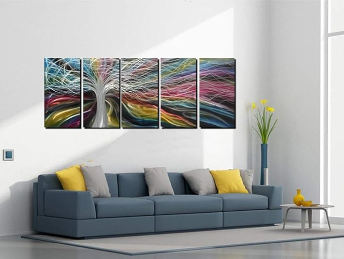 Unique Metal Wall Art with Colorful Fantastic Tree Design, Abstract Modern and Contemporary Décor, Metal Wall Sculpture, Silver Aluminum Artwork, Indoor and Outdoor decoration, 5 panels 64"x24"