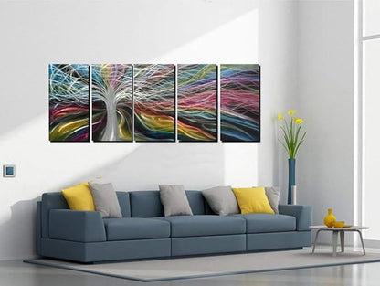 Unique Metal Wall Art with Colorful Fantastic Tree Design, Abstract Modern and Contemporary Décor, Metal Wall Sculpture, Silver Aluminum Artwork, Indoor and Outdoor decoration, 5 panels 64"x24"