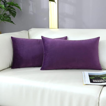 mixeoo Comfy Eggplant Purple Throw Pillow Covers Decorative Lumbar Solid Rectangle Thick Velvet Super Soft Cushion Cases Home Decor for Sofa Couch Living Room Chair, Set of 2, 12 x 20 Inch